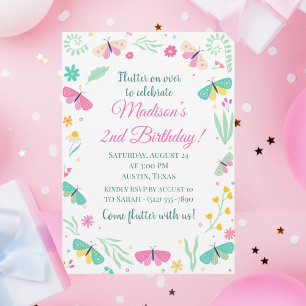 White Whimsical Garden Butterfly Girls Birthday Invitation