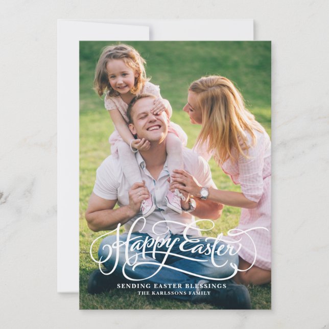 White Whimsical Script Happy Easter Photo Card (Front)