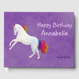 White Whimsical Unicorn Rainbow Colours on Purple Guest Book