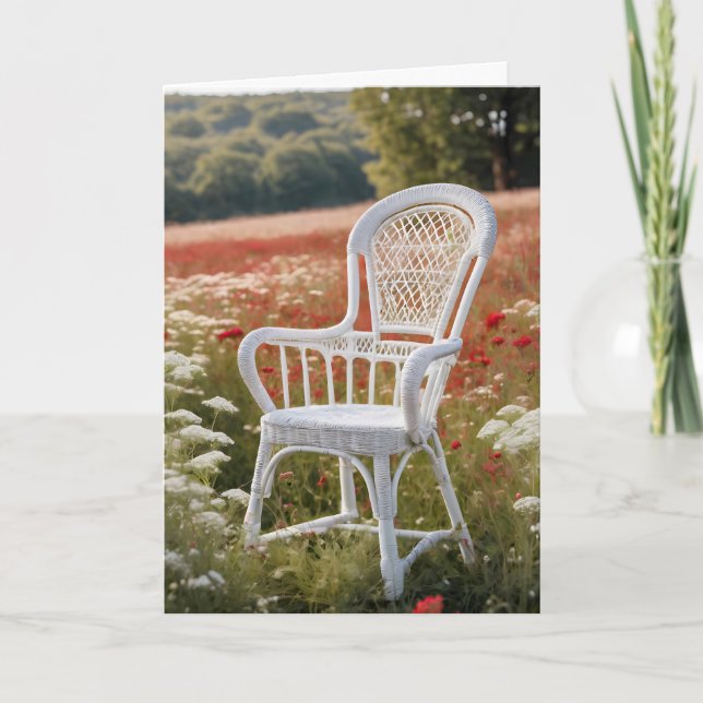 White Wicker Chair In Meadow Card (Front)