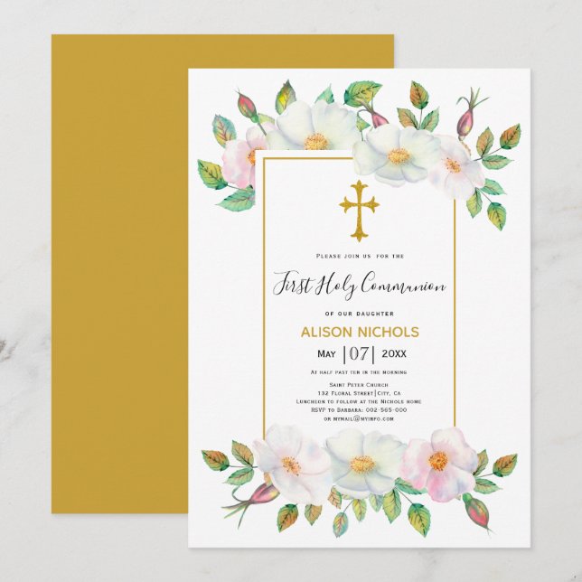 White wild dog rose gold floral First Communion I Invitation (Front/Back)