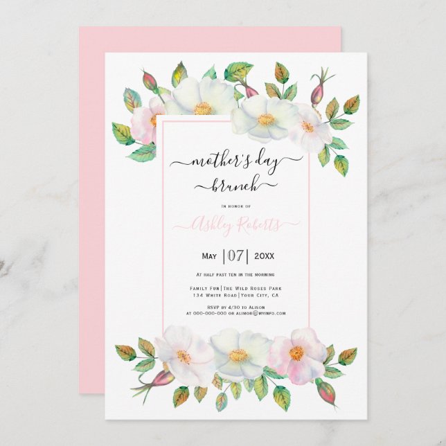 White wild rose pink floral mothers day brunch  invitation (Front/Back)