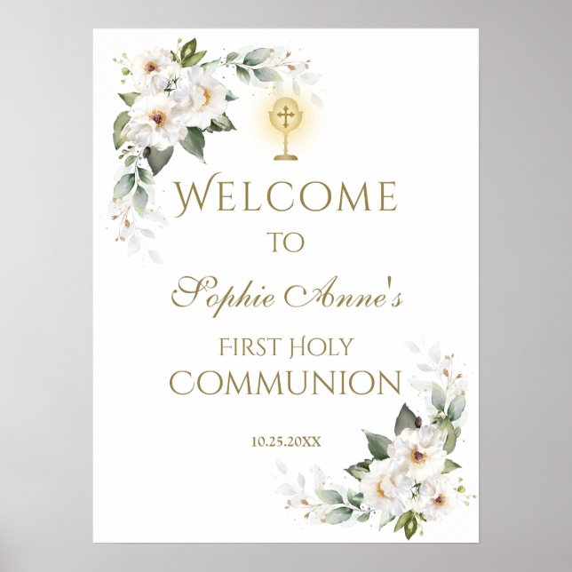 White Wild Roses 1st Holy Communion Welcome Sign (Front)