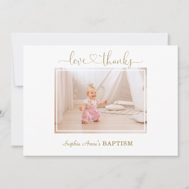 White Wild Roses Calligraphy Girl Photo Baptism Thank You Card (Front)