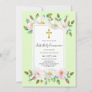 White wild roses pale green floral First Communion Invitation