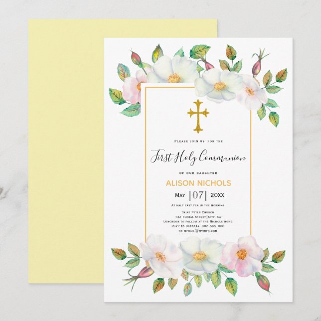 White wild roses yellow floral First Communion  Invitation (Front/Back)