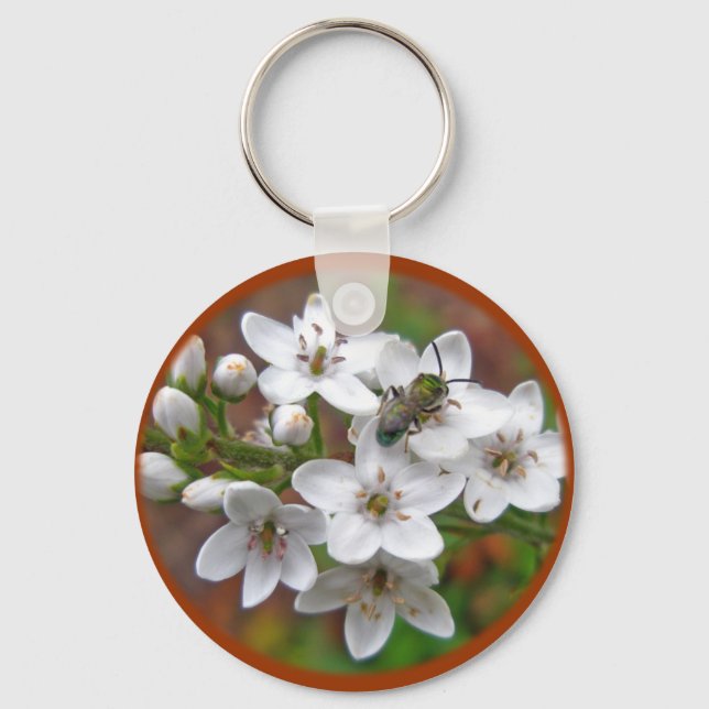 White Wildflower & Bee Fly Key Ring (Front)