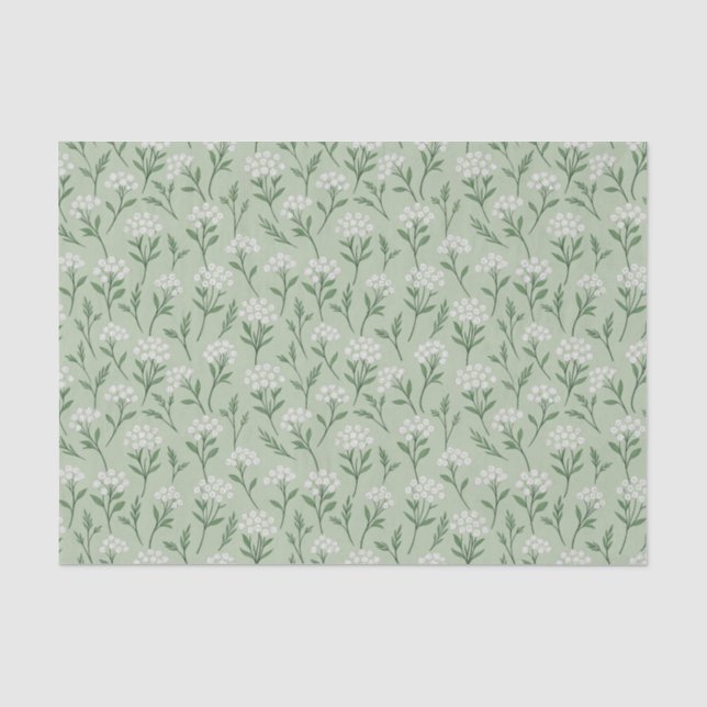 White Wildflower Clusters Sage Green Botanical Tissue Paper (Front)