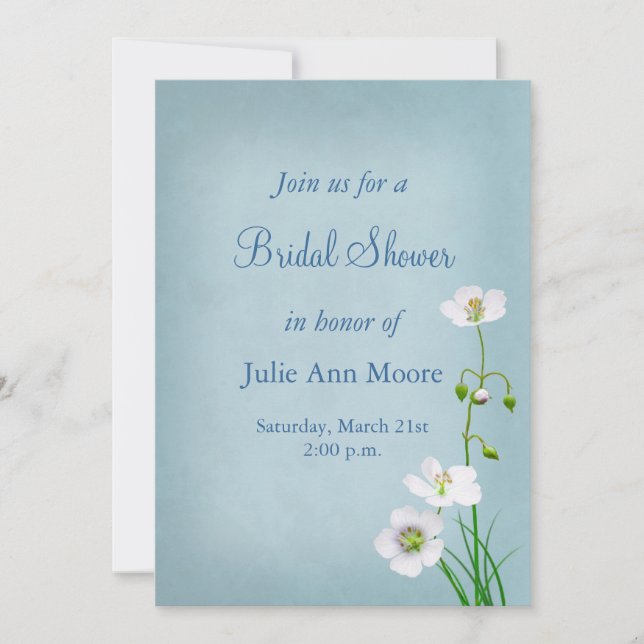 White Wildflower on Blue Bridal Shower Invitation (Front)