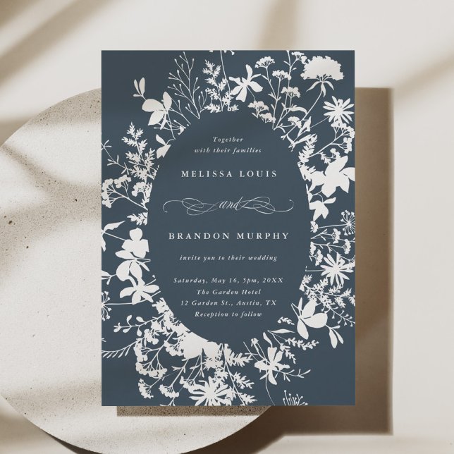 White Wildflower Silhouette Wedding Navy Blue Invitation (Creator Uploaded)