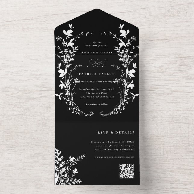 White Wildflower Silhouette Wreath Wedding Black All In One Invitation (Inside)