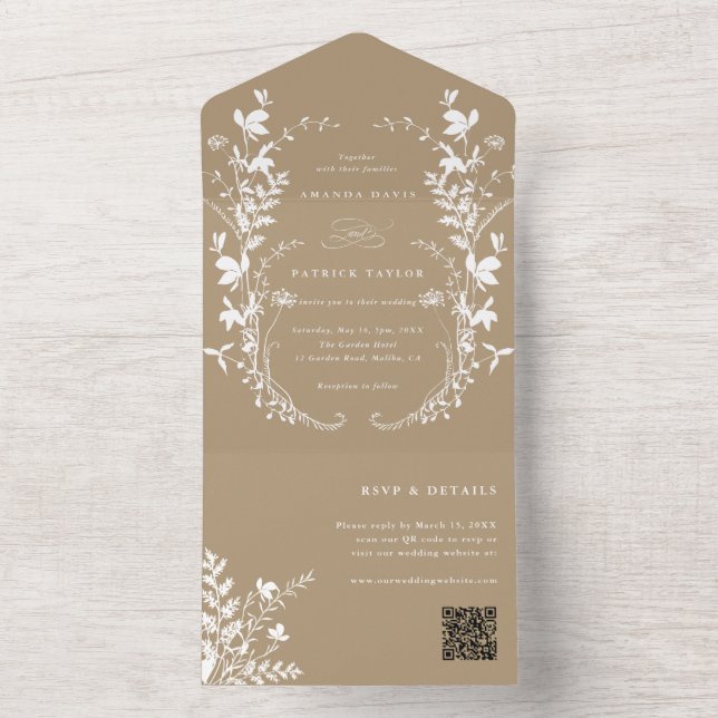 White Wildflower Silhouette Wreath Wedding Tan All In One Invitation (Inside)