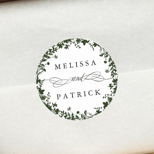 White Wildflower Wreath Silhouette Wedding Green Classic Round Sticker (Creator Uploaded)