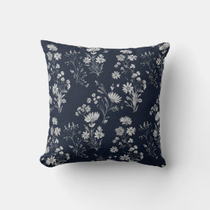 White wildflowers and crysanthimum deep blue cushion