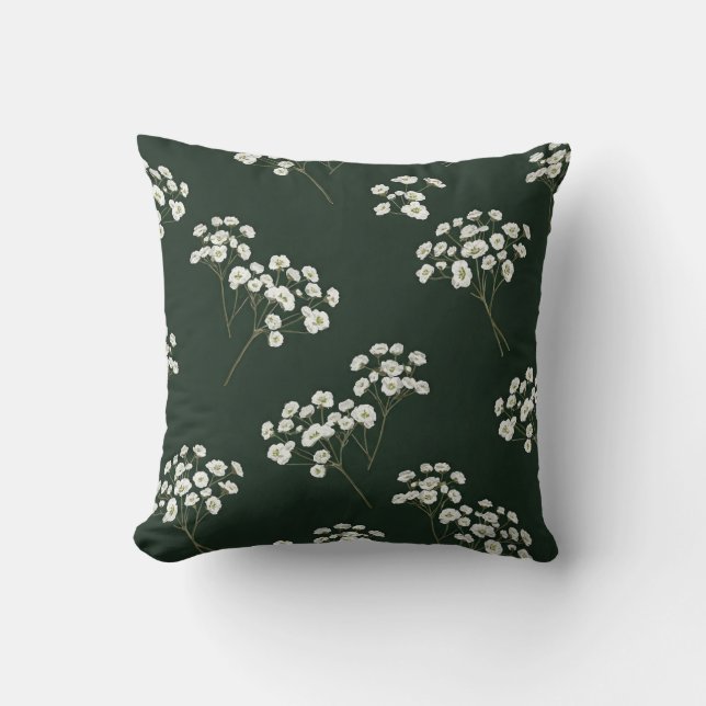 White wildflowers on deep green background  cushion (Front)