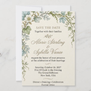White Wildflowers, Trailing Foliage, Minimalist Bo Invitation