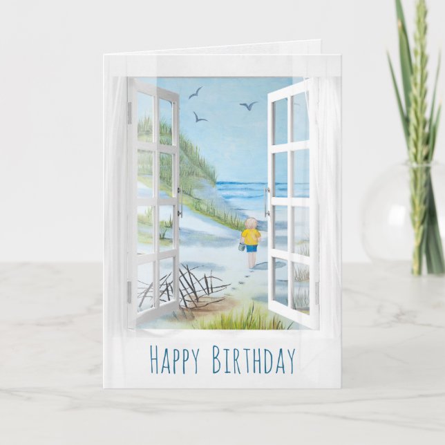 white window and curtain seashore scene birthday card (Front)