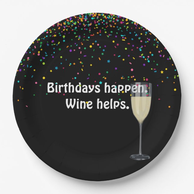 white wine and birthday party confetti paper plate (Front)