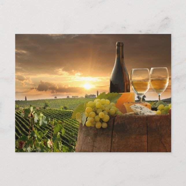 White Wine With Barrel On Vineyard In Chianti Postcard (Front)