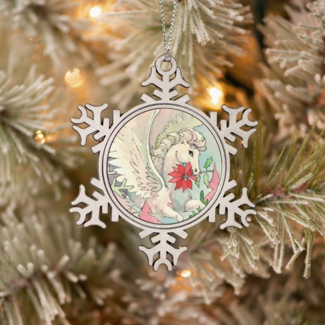 White Winged Horse Christmas Snowflake Pewter Christmas Ornament (Tree)