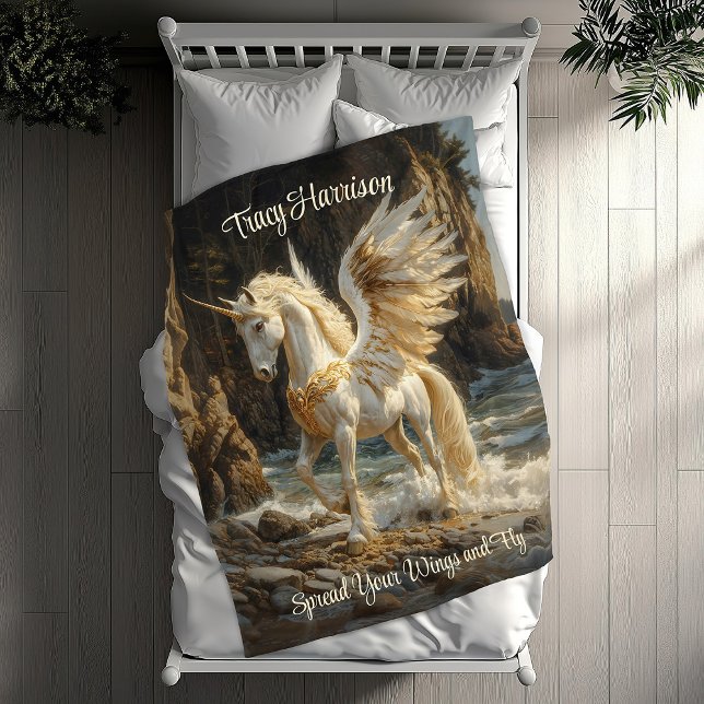 White Winged Unicorn Mythical Ocean Fantasy Horse Fleece Blanket (Creator Uploaded)