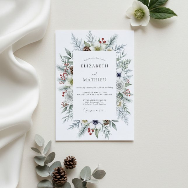 White Winter Botanical Flourish Wedding Invitation (Creator Uploaded)