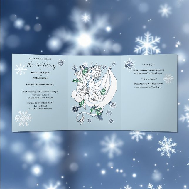 White Winter Dragon Snowflakes Blue Tri-Fold Invitation (Creator Uploaded)