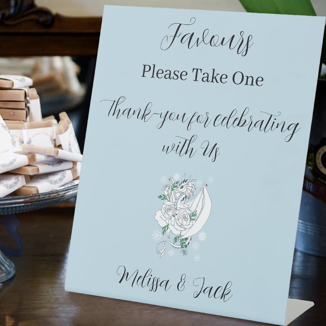 White Winter Dragon Snowflakes Blue Wedding Favour Pedestal Sign (Creator Uploaded)