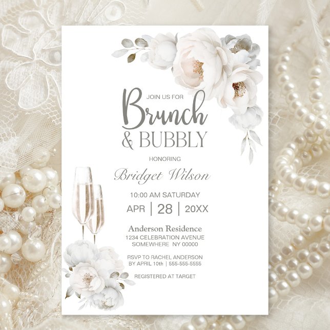 White Winter Floral Brunch and Bubbly Invitation (Creator Uploaded)