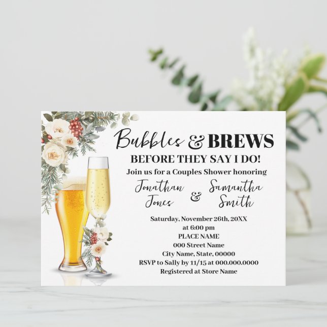 White Winter Floral Bubbles & Brews Bridal Shower Invitation (Standing Front)