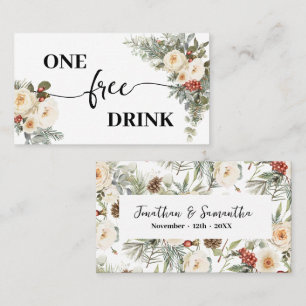 White Winter Floral Free Drink Wedding Ticket Card