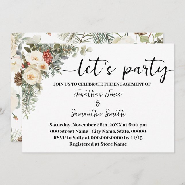 White Winter Floral Let's Party Engagement Invitation (Front/Back)