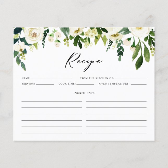 White Winter Flowers Bridal Shower Recipe Card (Front)