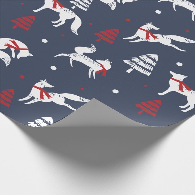 White Winter Forrest Foxes Christmas Tree Pattern Wrapping Paper (Corner)