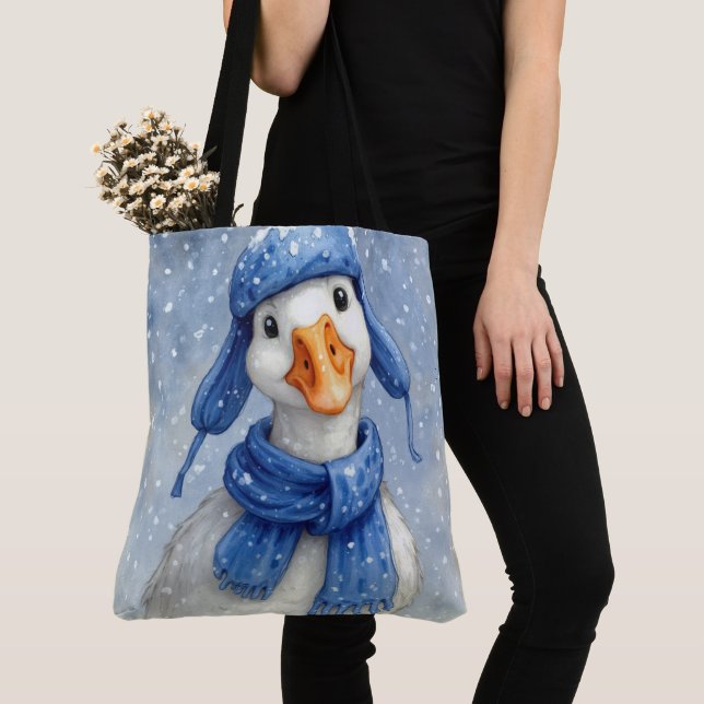 White Winter Goose With Blue Scarf Tote Bag (Close Up)