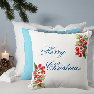 White Winter Holly Berries Merry Christmas Cushion