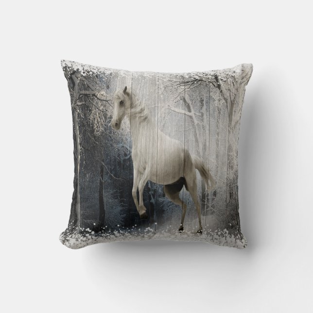 White Winter Horse In Mountain Forest  Cushion (Front)