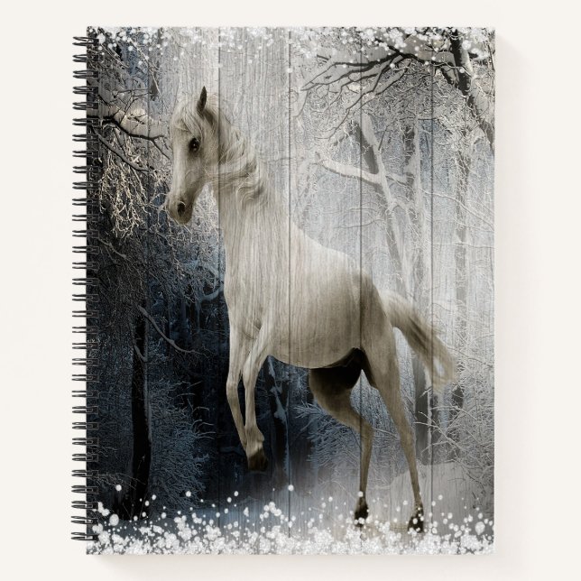 White Winter Horse In Mountain Forest  Notebook (Front)