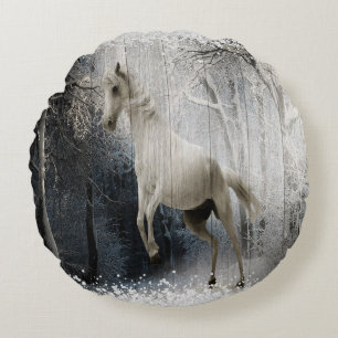White Winter Horse In Mountain Forest Round Cushion