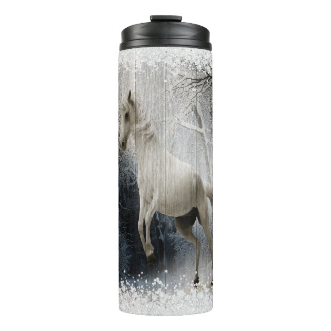 White Winter Horse In Mountain Forest  Thermal Tumbler (Front)