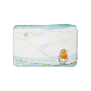 White Winter Landscape Illustration With Robin  Bath Mat