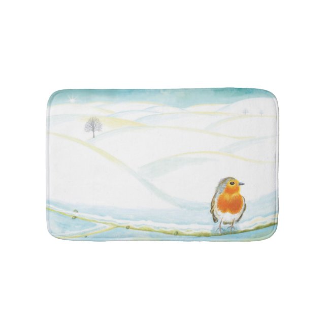 White Winter Landscape Illustration With Robin  Bath Mat (Front)