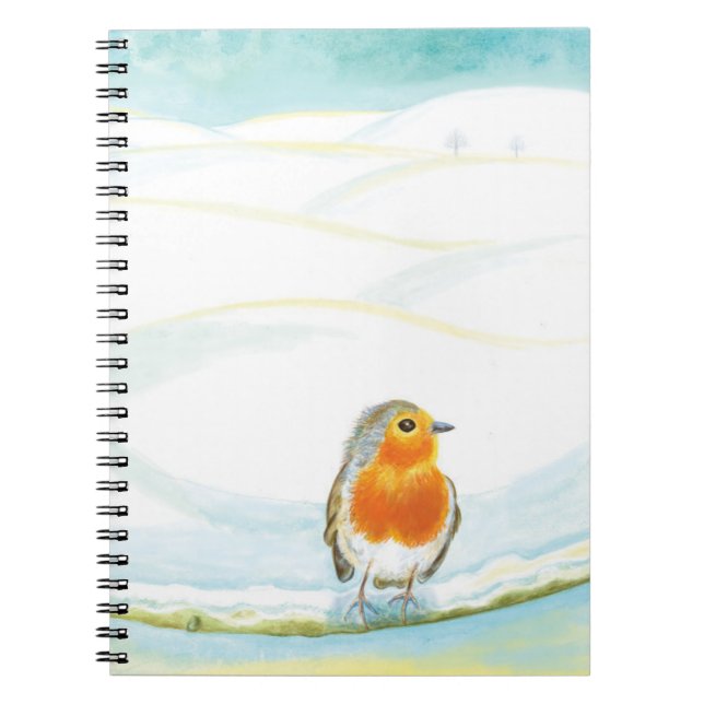 White Winter Landscape Illustration With Robin   Notebook (Front)
