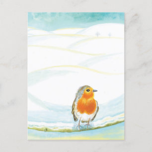 White Winter Landscape Illustration With Robin Postcard
