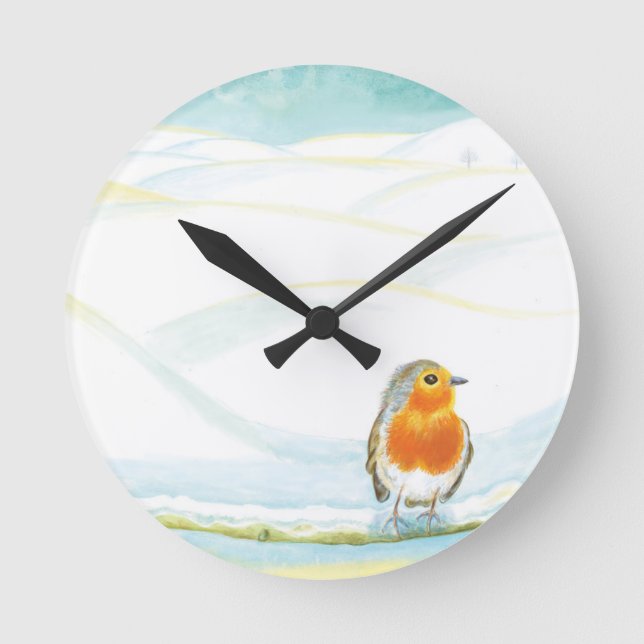 White Winter Landscape Illustration With Robin  Round Clock (Front)