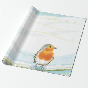 White Winter Landscape Illustration With Robin Wrapping Paper