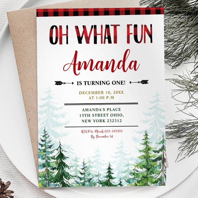 White Winter Lumberjack Oh What Fun First Birthday Invitation (Creator Uploaded)