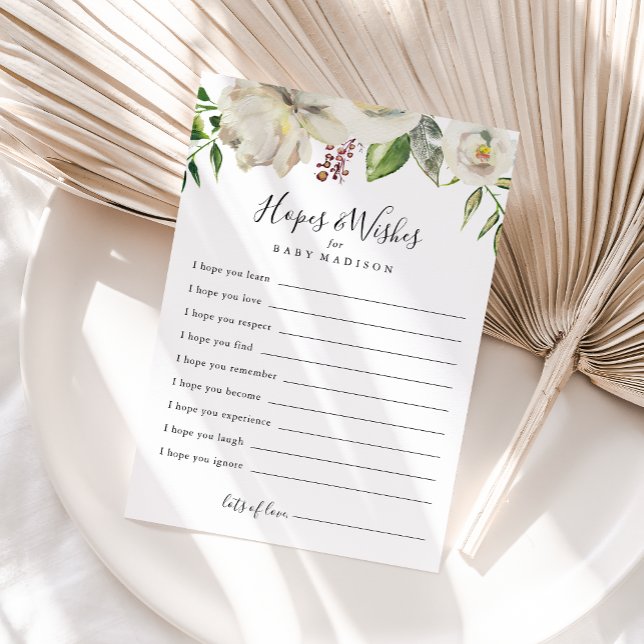 White Winter Peony Baby Shower Hopes & Wishes Card (Creator Uploaded)
