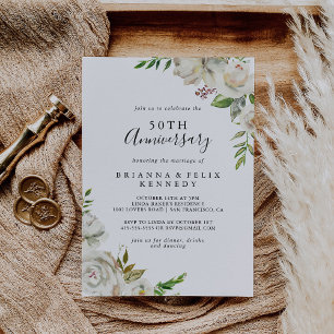 White Winter Peony Floral 50th Wedding Anniversary Invitation