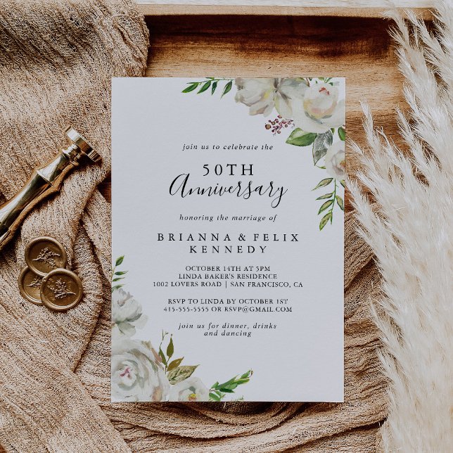 White Winter Peony Floral 50th Wedding Anniversary Invitation (Creator Uploaded)